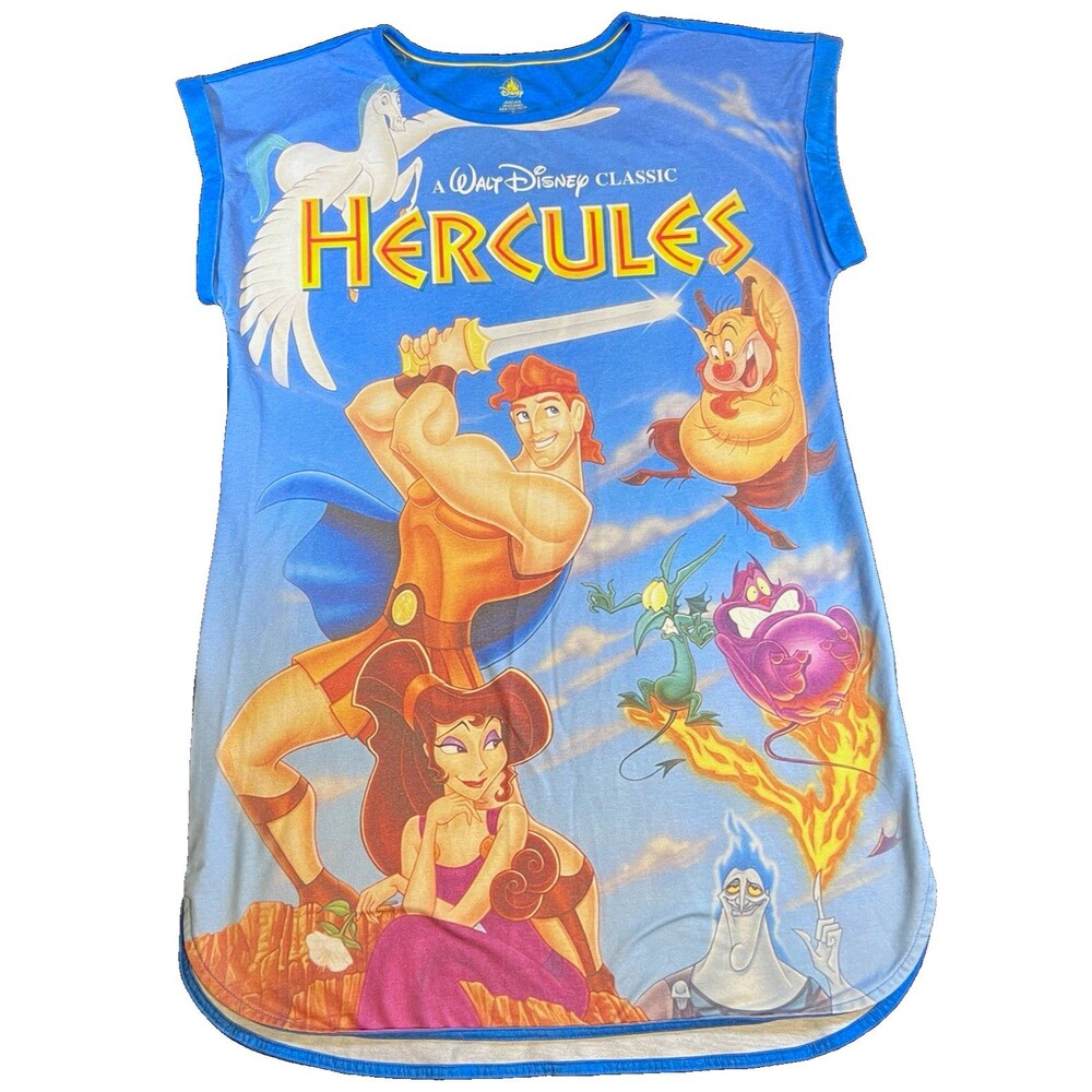 Disney Womens Hercules VHS Graphic Nightshirt Short Sleeve Gown Size blue Med
